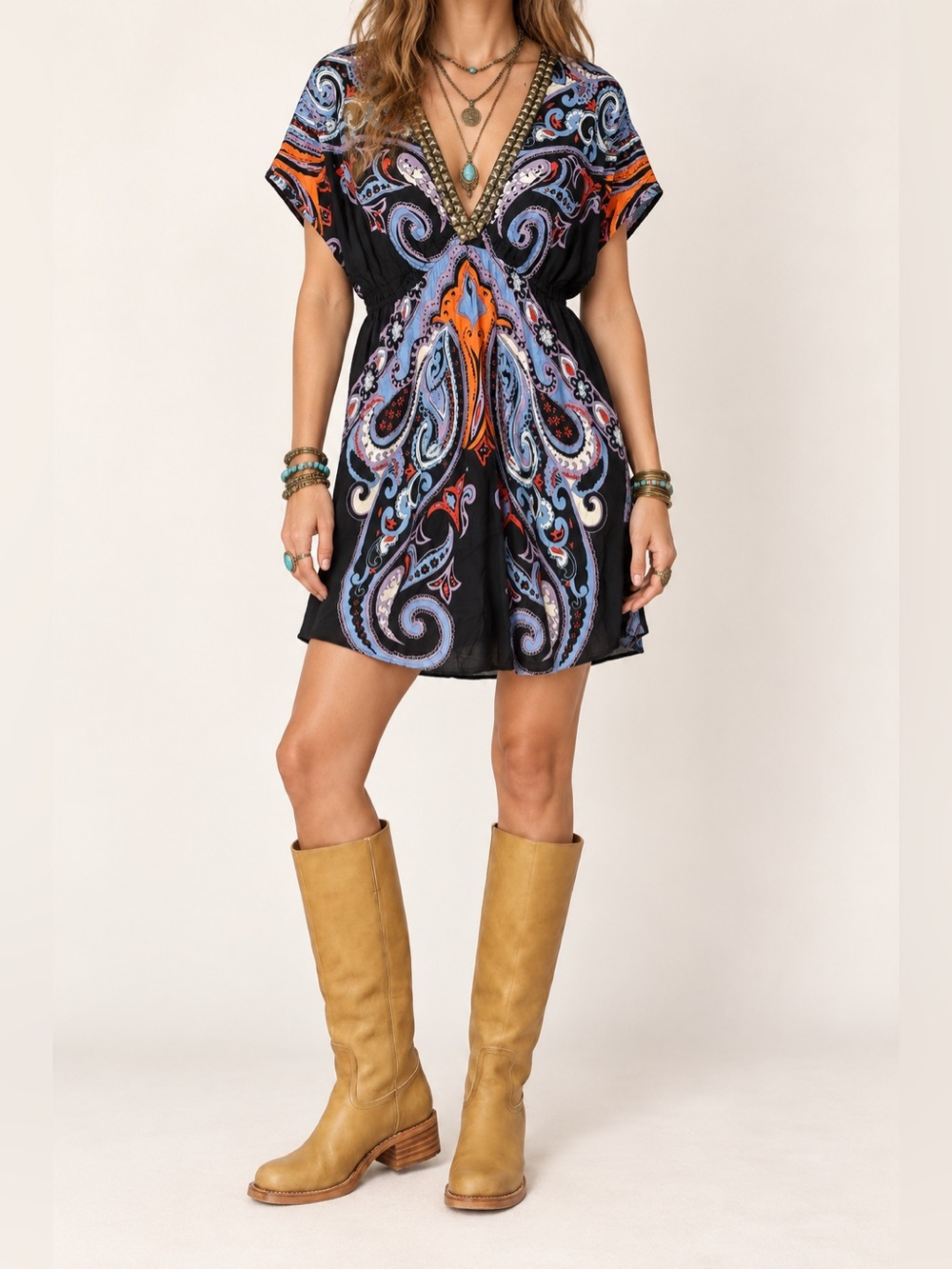ANGIE Black Paisley Studded V Neck Boho Mini Dress Small NWT
